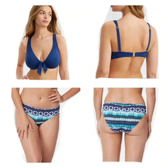 Blue Rod Beattie Kore Tie Front Bikini Top Size 34DD and Bikini Bottom Size 8 - Picture 1 of 10